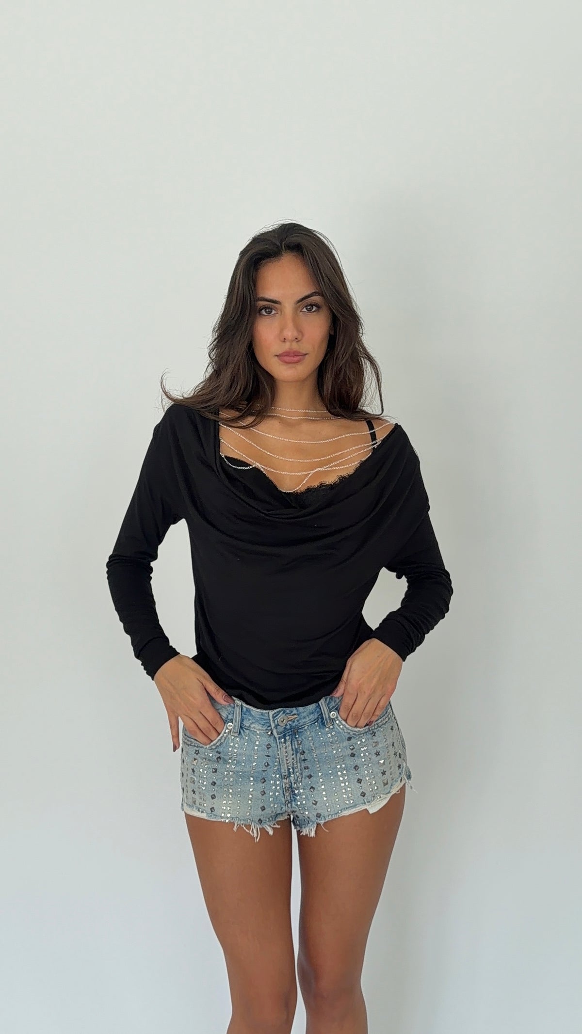 Chain Cowl Neck Long Sleeve